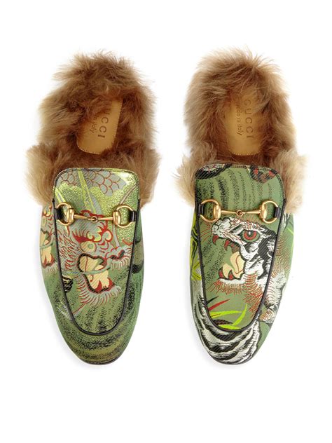 gucci mens 14 jacquard dragon princetown fur lined mule slippers